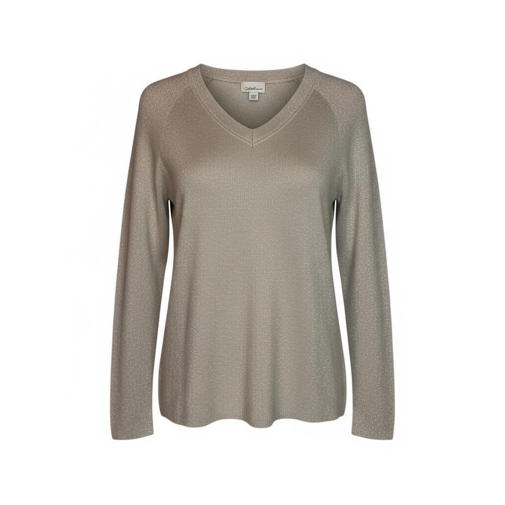 Jaclyn‎ Smith Metallic Shimmer V-Neck Sweater in Champagne Beige Size XL Holiday